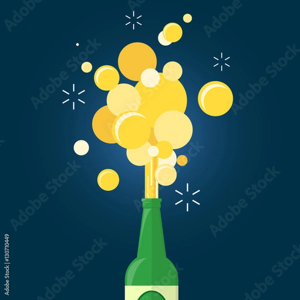 Obraz beer gushing from bottle on blue background. flat design.