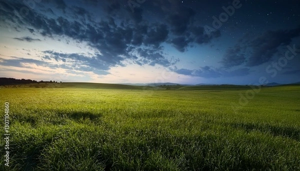 Obraz 【背景素材】美しい緑の草原と夜の風景