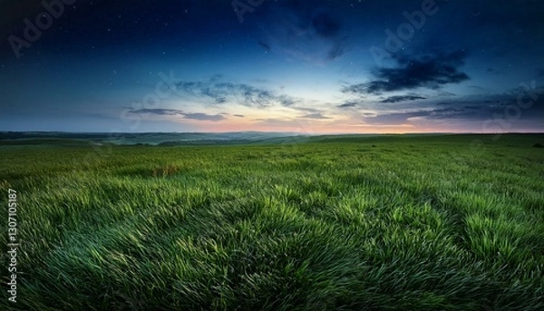 Obraz 【背景素材】美しい緑の草原と夜の風景