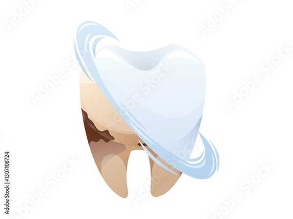 Fototapeta Vector isolated Cartoon illustration of a dirty tooth being cleaned, transforming into a healthy white one with a shiny effect. Concept of dental hygiene, tooth whitening, and oral care.