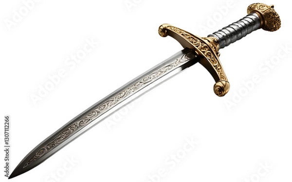 Fototapeta A knight’s sword with an ornate hilt symbolizing honor and courage, isolated on a empty plain background