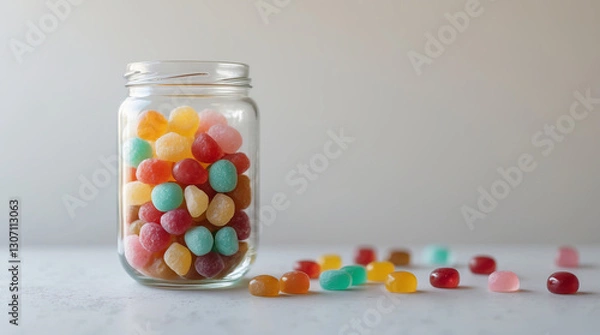 Fototapeta Colorful candy jar filled with assorted jelly sweets on a light background