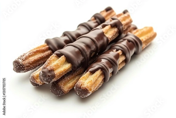 Fototapeta Chocolate-dipped churros with sugar coating isolated on white background 