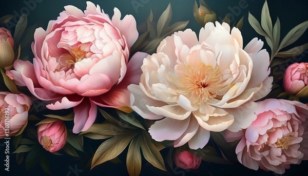 Fototapeta peony flowers in pink and white colors on a dark background a banner for an e commerce website generative ai