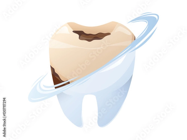 Fototapeta Vector isolated Cartoon illustration of a dirty tooth being cleaned, transforming into a healthy white one with a shiny effect. Concept of dental hygiene, tooth whitening, and oral care.