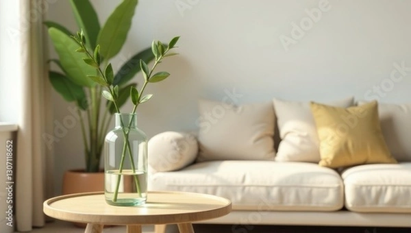 Fototapeta Simple elegance greenery in glass vase on wooden side table near a neutral colored sofa