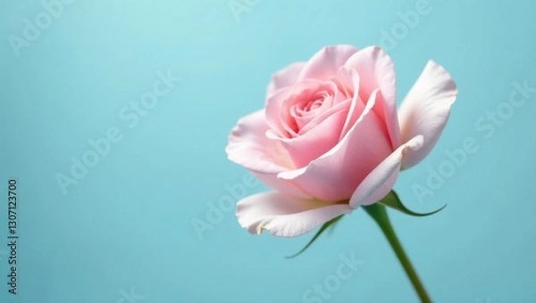 Fototapeta A Delicate Pink Rose Against a Serene Aqua Background, Symbolizing Purity, Elegance, and the Beauty of Nature's Simple Gifts