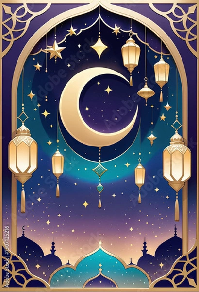 Obraz Eid Mubarak Greeting Card, Ramadan Kareem Template, Traditional Islamic and Arabic, using generative ai