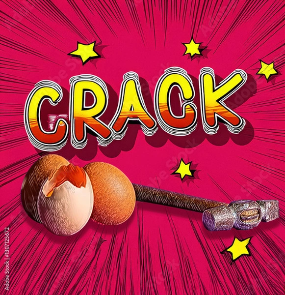 Obraz A lively comic-style illustration features the word "CRACK" alongside three eggs, one with a cracked shell. The metal hammer is lying next to the eggs.