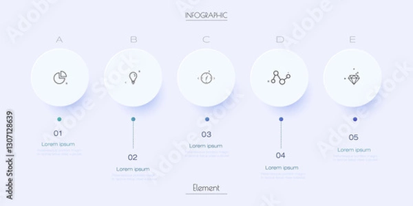Fototapeta Vector business infographic 3d circle label timeline template with 5 options. Layout info graphic design element for icon, information, presentation, report, diagram, chart, banner. Business concept