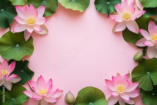 Obraz Moldura floral com flor de lótus rosa e folhas verdes vibrantes sobre fundo rosa suave, criada com IA generativa para um design delicado e natural