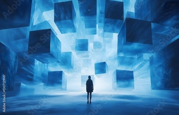 Fototapeta A person stands in a surreal landscape filled with floating blue cubes.