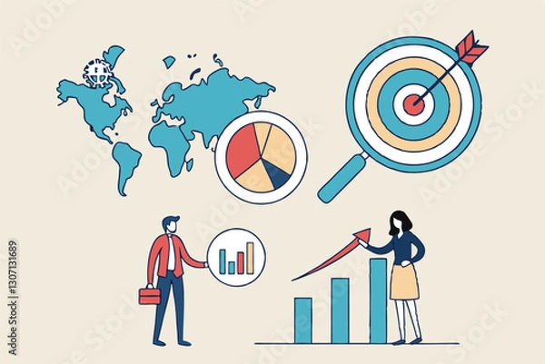 Fototapeta Customer research for marketing, study user behavior or analyze target group for advertising and marketing concept, businessman looking at big magnifier with customer group to see data analysis.