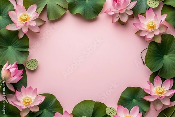 Obraz Moldura floral com flor de lótus rosa e folhas verdes vibrantes sobre fundo rosa suave, criada com IA generativa para um design delicado e natural