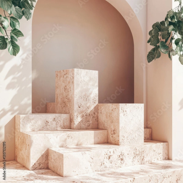 Fototapeta The product is showcased on a trendy pedestal, surrounded by a clean, modern setting. With a backdrop of natural stone and a minimalist design, the exhibit creates a sophisticated atmosphere.
