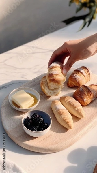 Fototapeta Crisp baguette torn open to reveal airy crumb with pastries and compote on rustic board