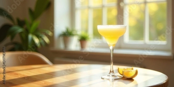 Fototapeta A refreshing citrus cocktail in a coupe glass, bathed in sunlight, sits on a wooden table next to a few slices of citrus fruit, a peaceful and serene moment