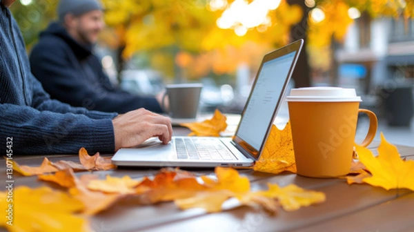 Fototapeta serene outdoor setting with digital marketer working on laptop surrounded by autumn leaves and warm beverages. vibrant fall colors create cozy atmosphere