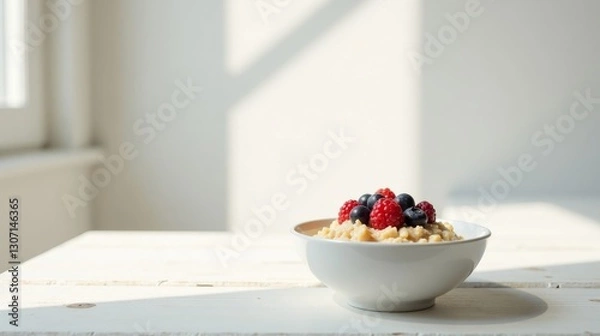 Fototapeta A delightful bowl of creamy porridge topped with fresh raspberries and blueberries, bathed in sunlight on a rustic white table