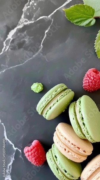 Fototapeta Colorful French Macaroons with Fresh Raspberries and Mint Leaves on a Dark Marble Surface for a Delicious Dessert Experience Healthy Eating Concept