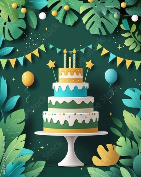 Fototapeta green theme Kids birthday party celebration card invitation plain modern flat illustration background with copy space backdrop