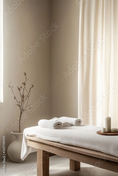Obraz serene massage studio featuring wooden massage table, white towels, and minimalist decor. Soft natural light filters through sheer curtains, creating calming
