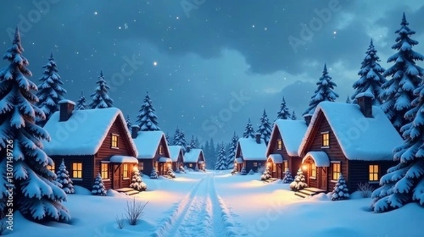 Fototapeta Enchanted Winter Village Scene Cozy Cabins Glimmering Under a Starlit Sky, Snow-Covered Pathway Leading to Tranquil Forest