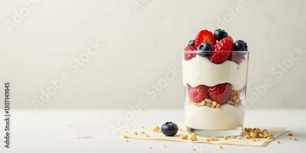 Fototapeta Layered Delight Creamy Yogurt Parfait with Fresh Raspberries, Strawberries, and Blueberries, Topped with Crunchy Granola