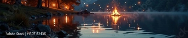 Fototapeta Sparkling lake water reflected in the flickering bonfire's dance, tranquil, canopy
