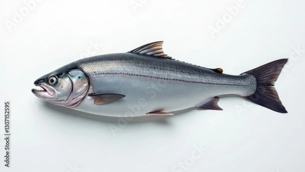 Fototapeta A fresh, whole fish viewed from above, isolated on a plain white background, showcasing its detailed scales and fins.