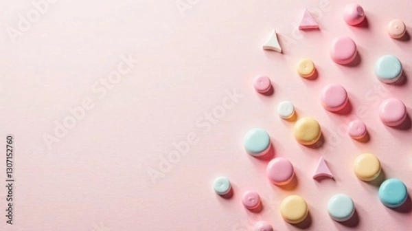 Fototapeta Pastel-colored shapes and circles scattered on a soft pink background, creating a playful and minimalist design aesthetic.
