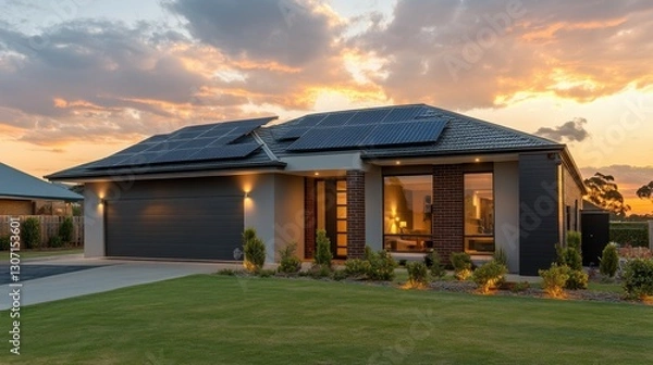 Fototapeta A modern suburban house at sunset with a photovoltaic solar panel system on the gable roof, reflecting the sustainable and eco-friendly design