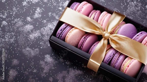 Fototapeta Colorful French Macaroons in a Gift Box with a Golden Ribbon on a Dark Background, Perfect for Celebrations and Special Occasions, Dessert Treat Concept