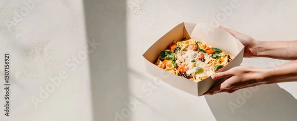 Fototapeta Delicious takeaway pasta box gripped by hands in urban setting with vibrant sauce and herbs