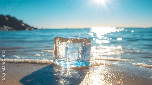 Fototapeta melting ice cube lying on warm sand under bright sun capturing quirky summer humor in surreal vacation themed funny concept and hot weather illustration