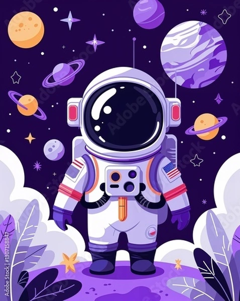 Obraz purple theme Space exploration theme kids party invitation plain modern flat illustration background with copy space backdrop