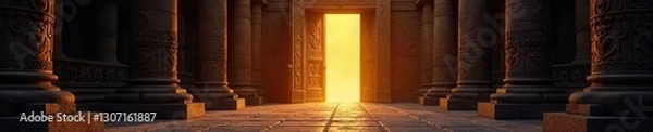 Fototapeta Ancient wooden door with intricate carvings and a glowing golden aura, gateway, threshold, portal