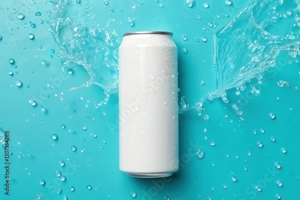 Fototapeta Flat lay white plain soda can mockup on light blue background with water splashing. Concept for soda advertise
