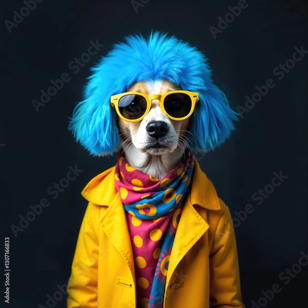 Obraz A dog with blue hair and sunglasses, wearing a yellow jacket and a bright scarf on a dark background. Stylish