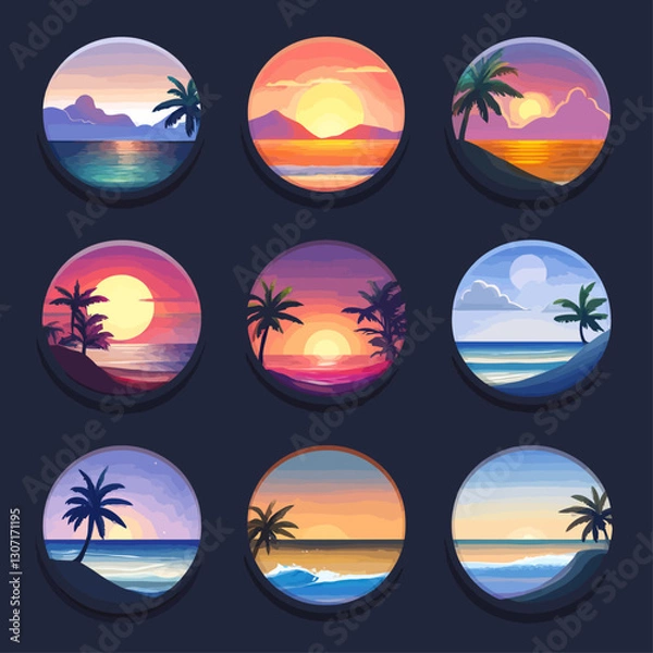 Fototapeta Tropical Sunset Beach Icons with Palm Trees and Vibrant Colors, Set of 9