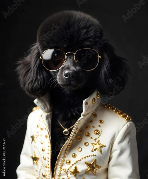 Obraz A black poodle wearing black sunglasses and a white jacket with gold stars on a dark background. Stylish