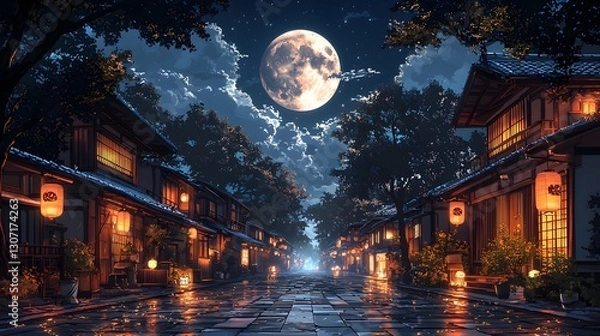Obraz A beautiful night scene in a japanese town with full moon