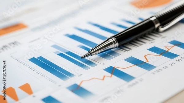 Obraz Close-Up of Business Data Analysis with Bar Graphs and Trend Lines Depicting Financial Performance and Insights on Professional Documents and Charts