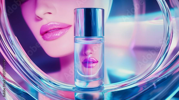 Obraz A woman's face is reflected in a bottle of perfume