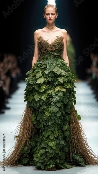 Fototapeta Model Showcasing a Stunning Eco-Inspired Gown with Leaf Detailing on the Runway