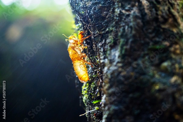 Obraz The cicada shell clings to a tree drenched in mist from the waterfall.
