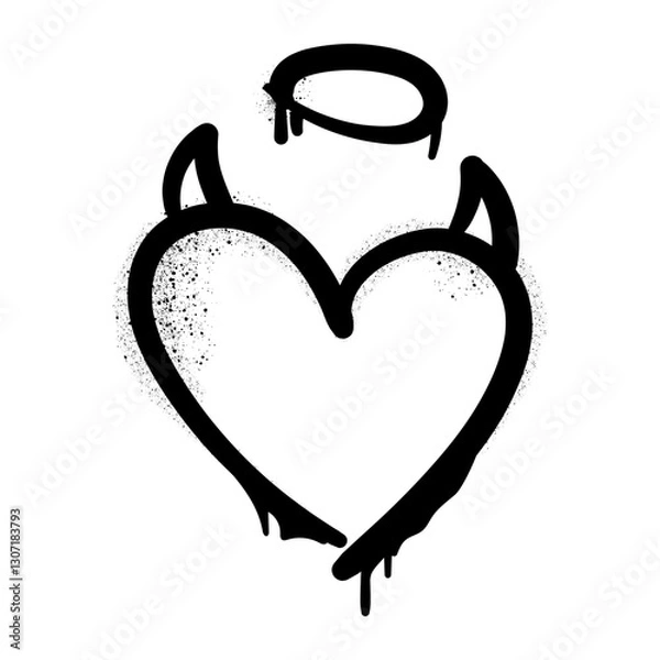 Obraz Graffiti heart with devil horns and angel halo dripping with spray paint texture. Perfect for street art designs, urban graphics, posters, tattoos, edgy digital artwork.Vector illustration