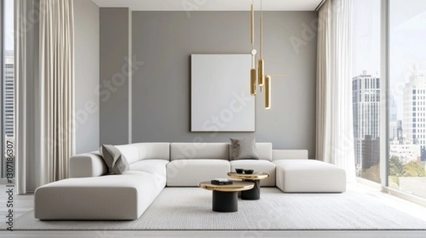 Fototapeta Scandinavian high tech Hollywood living room, sleek gray walls, plush modular sofa, floating gold details, sculptural lighting, soft cream drapes