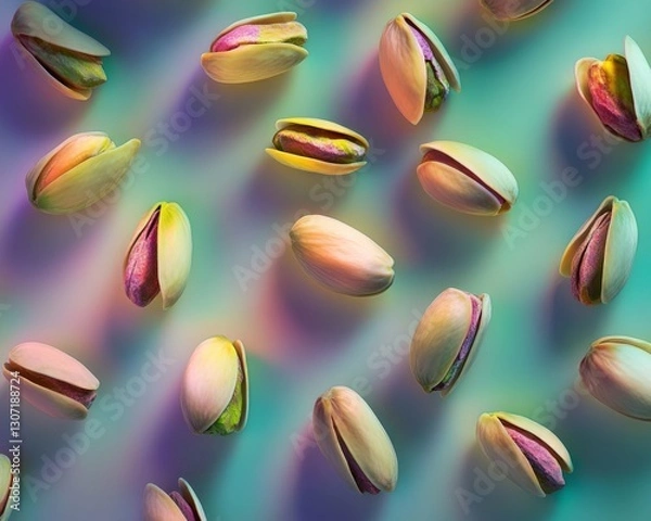 Fototapeta Pistachio nuts, showcasing textures and colors with professional studio lighting and background, pattern.