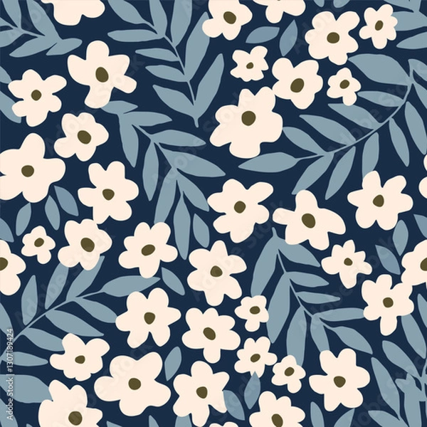 Fototapeta Simple floral vector seamless pattern. Small light flowers, foliage on a blue background. For fabric prints, textile products, summer clothes.